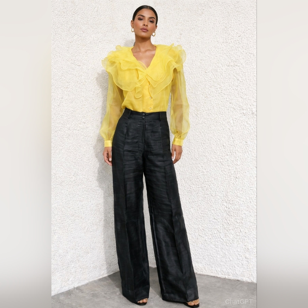 Yellow Ruffle Sheer Organza Blouse Romantic Top S
